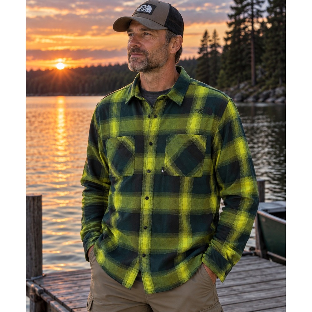 The North Face Flannel Shirt Mens XL Green Black Plaid Snap Front F11 Outdoor